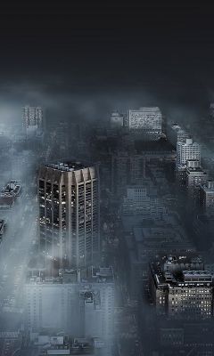 Dark city in fog wallpaper