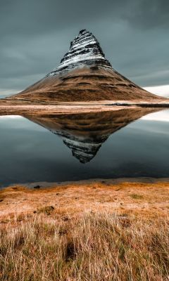 cone mountain with the distance of body of water wallpaper