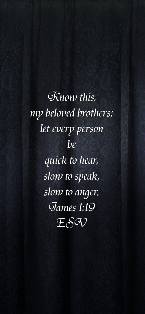 Know this,
my beloved brothers:
let every person
be
 quick to hear,
 slow to speak,
 slow to anger.
James 1:19
ESV Text Wallpaper